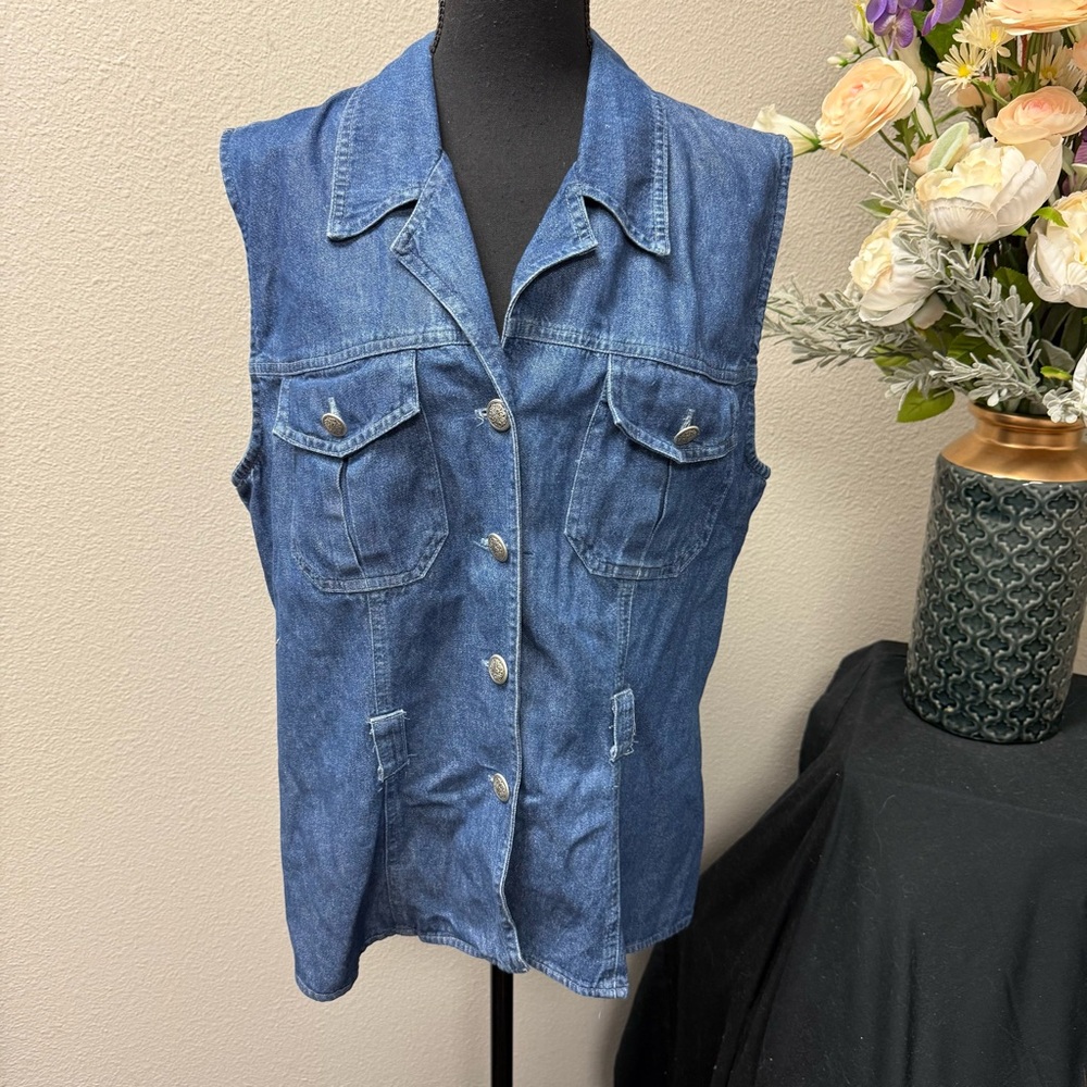 River Ridge Co. Denim Vest L Button Front Western Utility Vintage Rodeo Layer